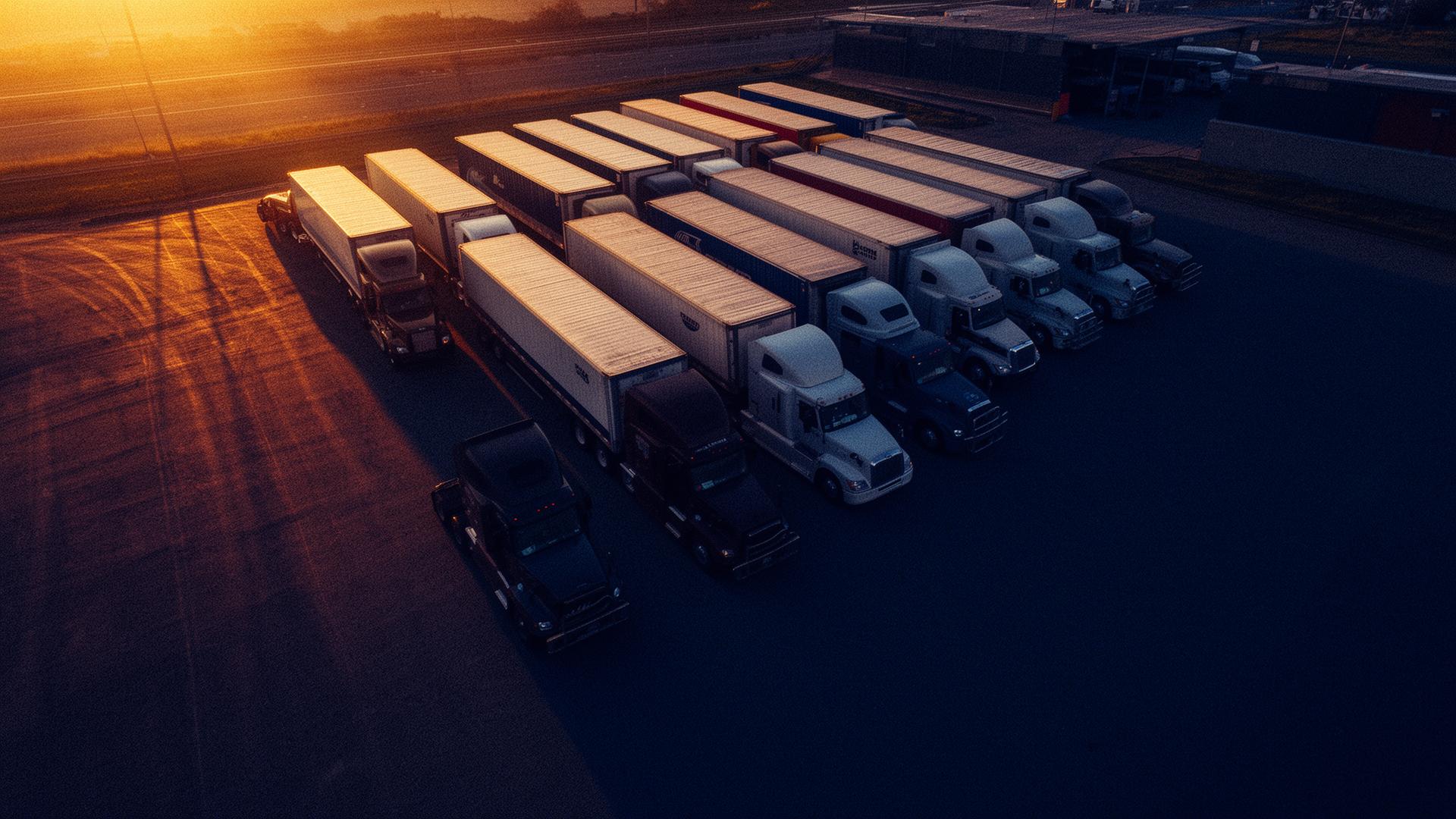Aerial view of a commercial truck fleet at golden hour